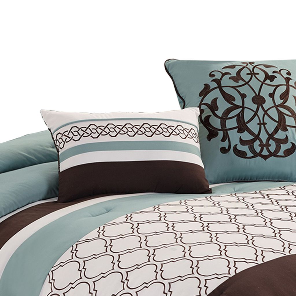 Quatrefoil King Size 8 Piece Fabric Comforter Set , Brown and Blue - View 3