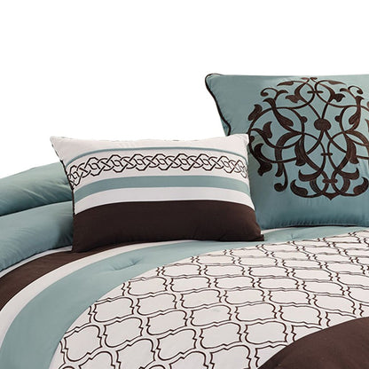 Quatrefoil King Size 8 Piece Fabric Comforter Set , Brown and Blue - View 3
