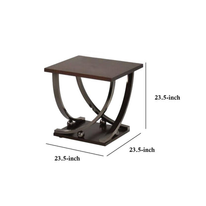Wood and Metal End Table with Sweeping Legs, Dark Walnut Brown and Black - View 5