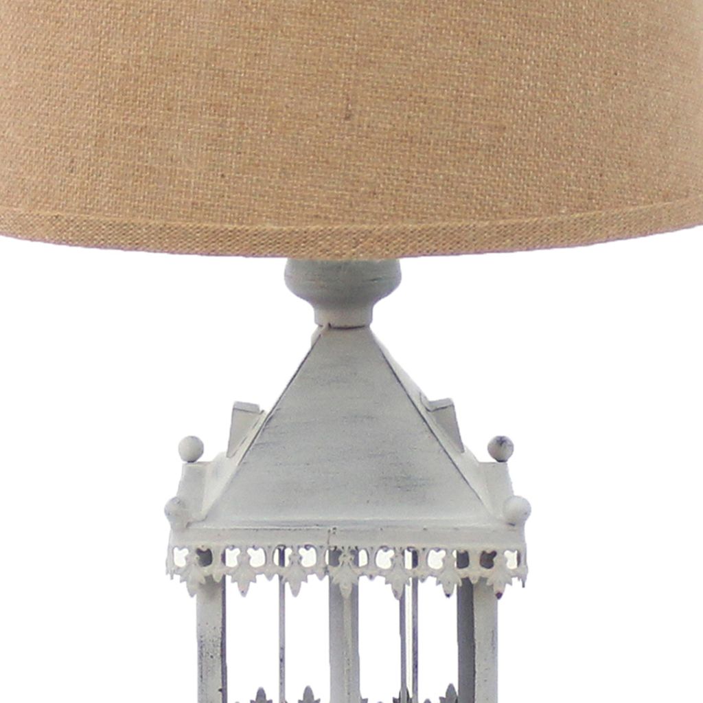 Metal Temple Design Base Table Lamp with Fabric Shade, Beige and Gray - View 3