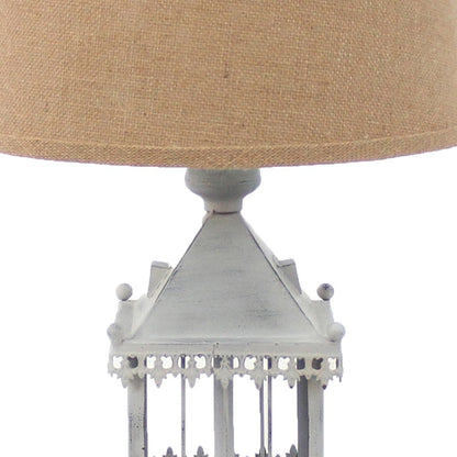 Metal Temple Design Base Table Lamp with Fabric Shade, Beige and Gray - View 3