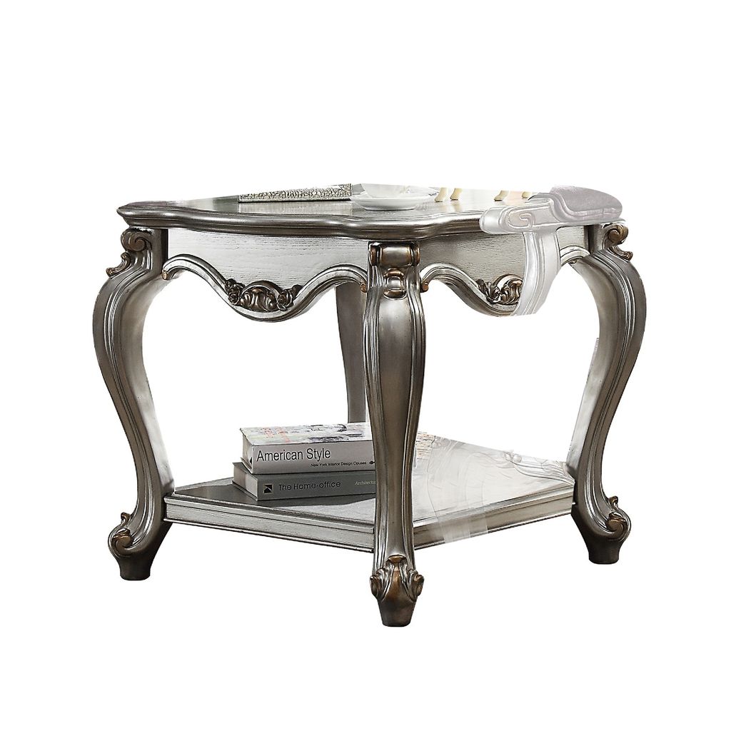 Side End Table, Scalloping, Polyresin Carvings and Bottom Shelf, Silver - View 3