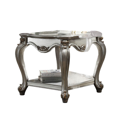 Side End Table, Scalloping, Polyresin Carvings and Bottom Shelf, Silver - View 3