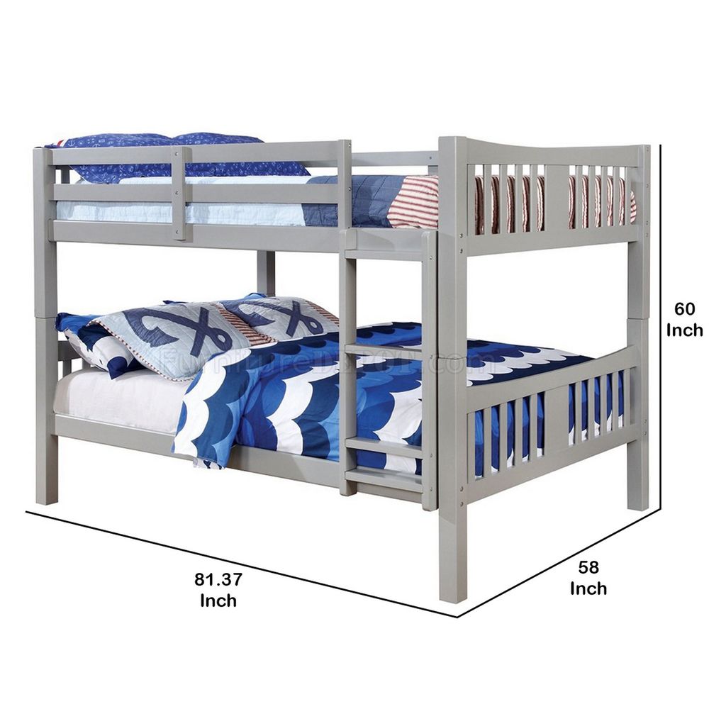 Slatted Full Over Full Bunk Bed with Attached Ladder, Gray - View 6