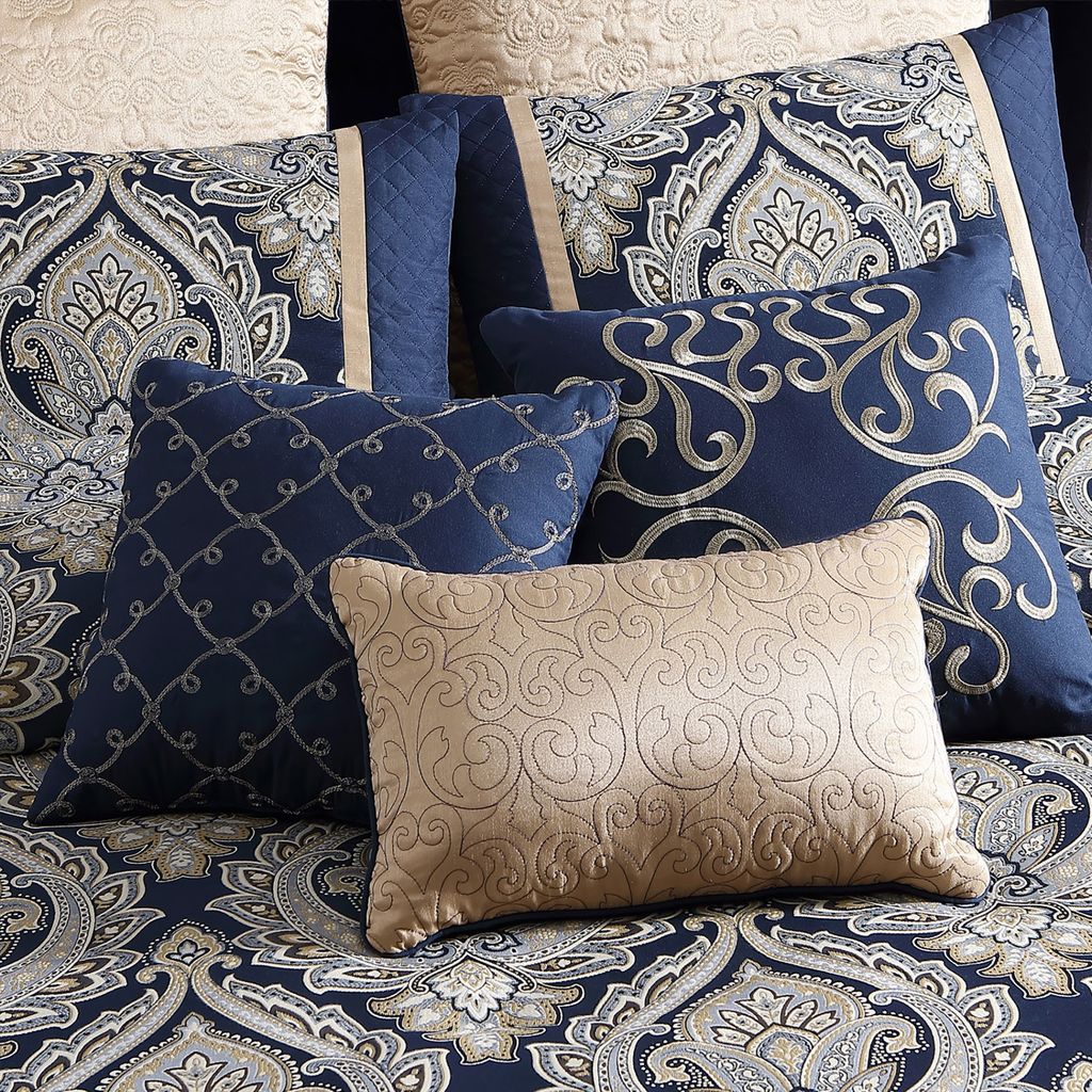 Nova 9 Piece Polyester Queen Comforter Set, Gold Damask Print, Navy Blue - View 4
