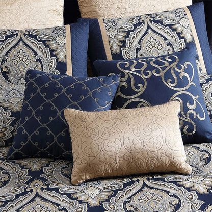 Nova 9 Piece Polyester Queen Comforter Set, Gold Damask Print, Navy Blue - View 4