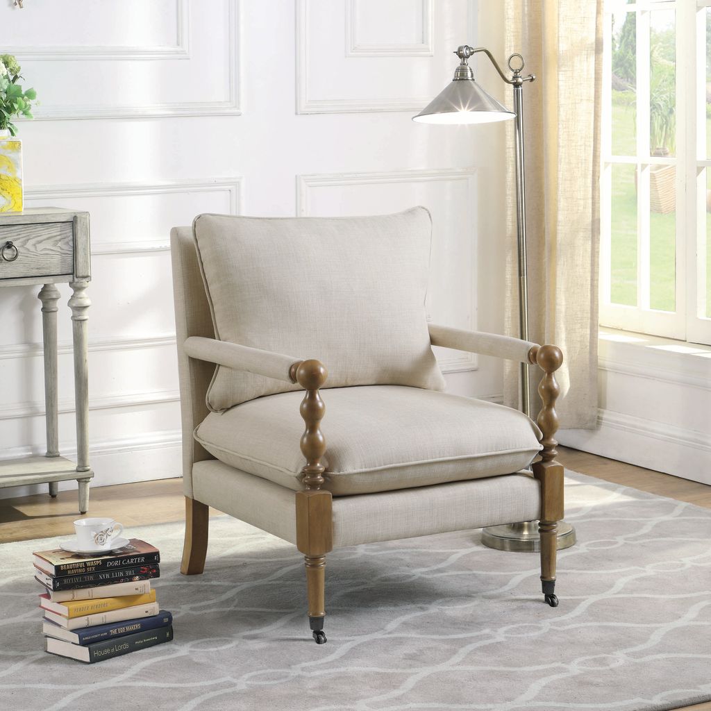 Fabric Upholstered Wooden Accent Chair with Manchette Armrest, Beige and Brown - View 4