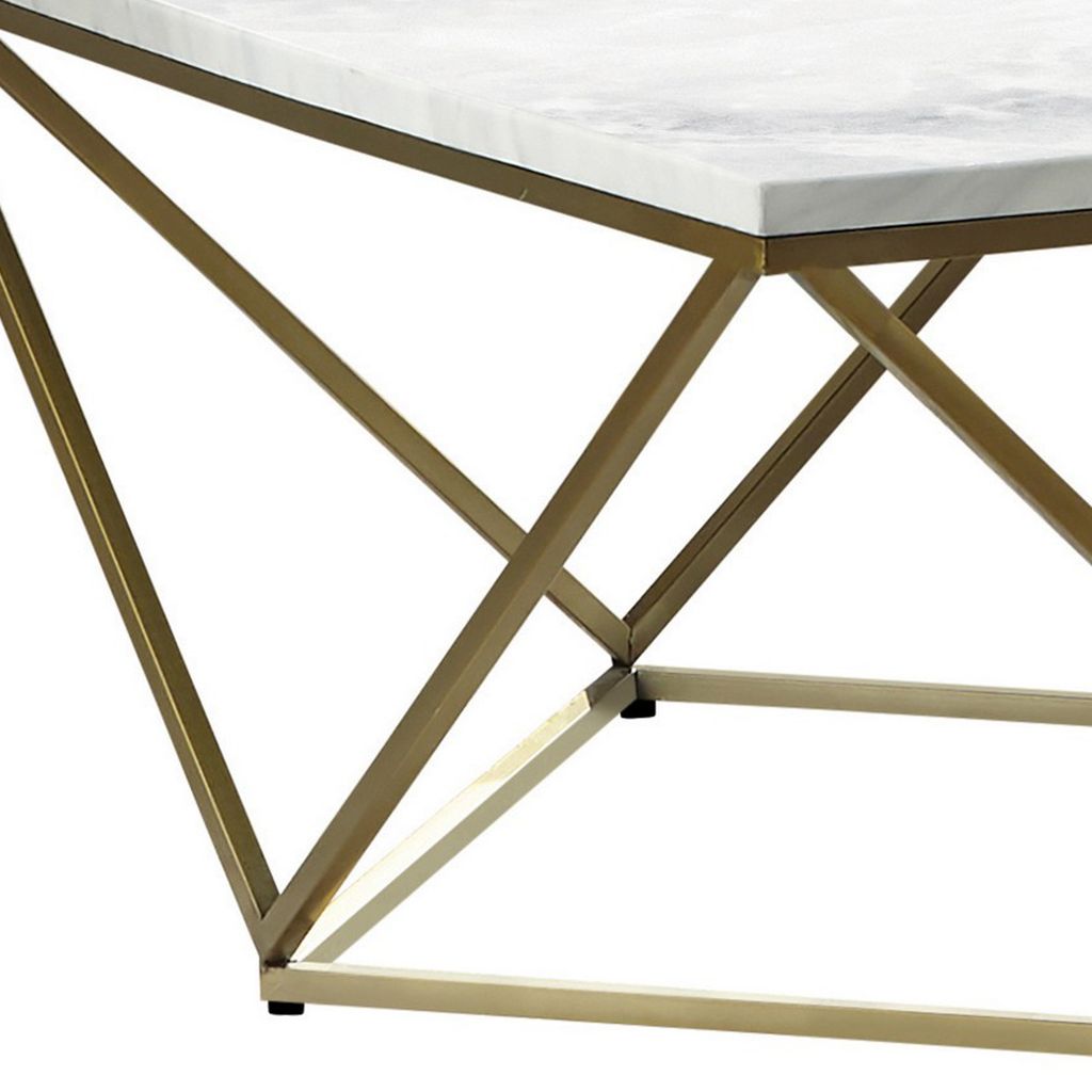 36 Inch Modern Square Coffee Table, White Faux Marble Top, Slender Gold Base - View 4