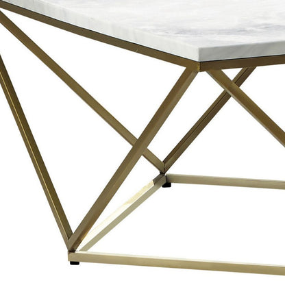 36 Inch Modern Square Coffee Table, White Faux Marble Top, Slender Gold Base - View 4