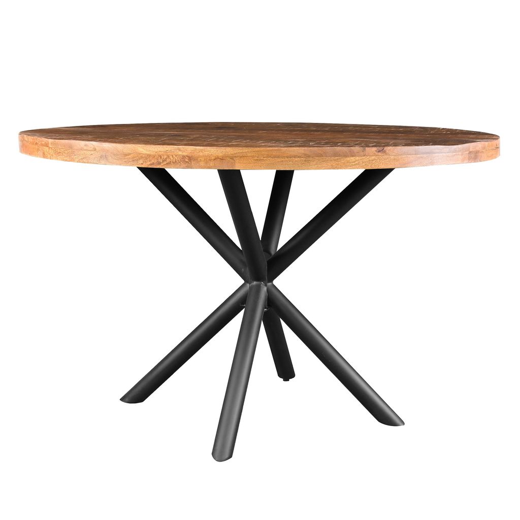 48 Inch Handcrafted Dining Table, Solid Mango Wood Round Top with Iron Crisscrossed Legs, Natural Br - View 2