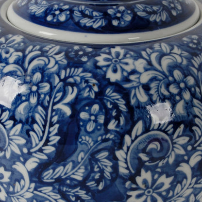 10 Inch Lidded Jar, Curved Round Persian Floral Print, Blue Porcelain - View 2
