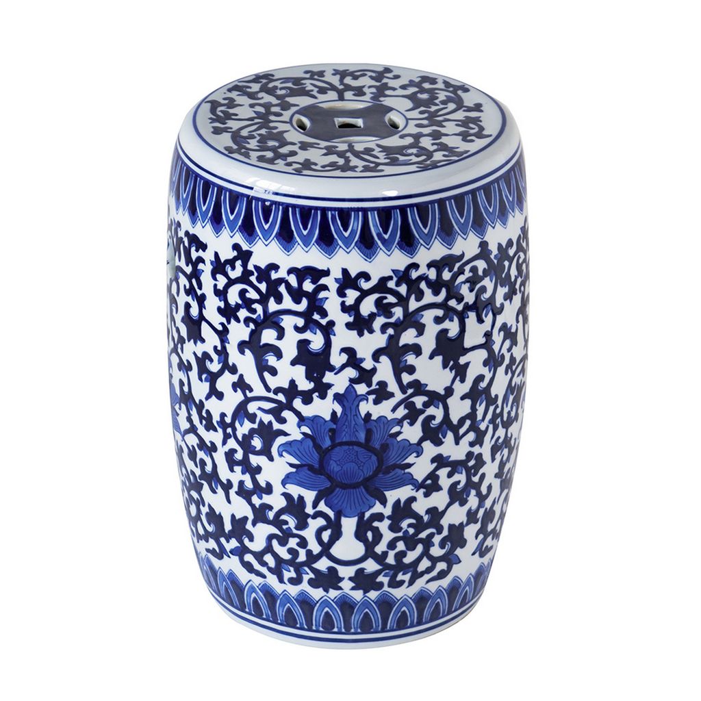 11 Inch Garden Stool, Ceramic Drum Shape, Blue, White Floral Pattern - View 3