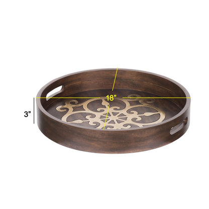 18 Inch Round Decorative Tray, Brass Inlaid Design and Brown Wood Frame - View 5