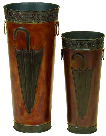 21, 16 Inch Metal Umbrella Stands, Engraved Artwork, Set of 2, Antique Brown, Black