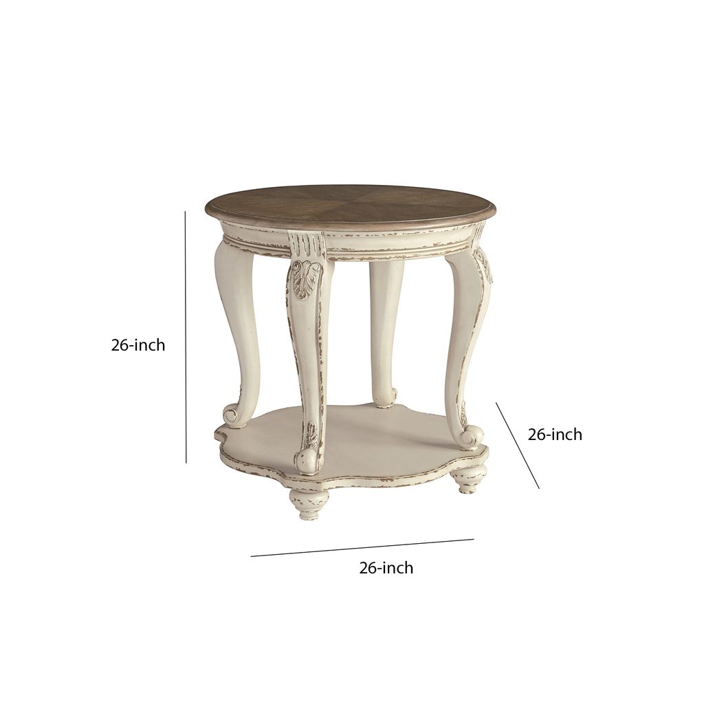 Round Wooden End Table with Open Bottom Shelf, Brown and Antique White - View 5