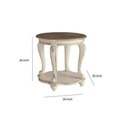 Round Wooden End Table with Open Bottom Shelf, Brown and Antique White - View 5