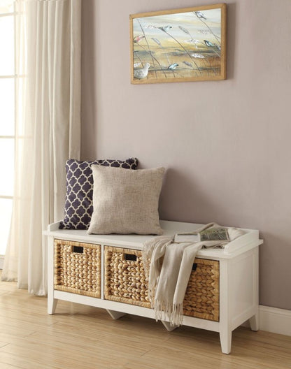 Rectangular Wooden Bench with Storage Basket – White