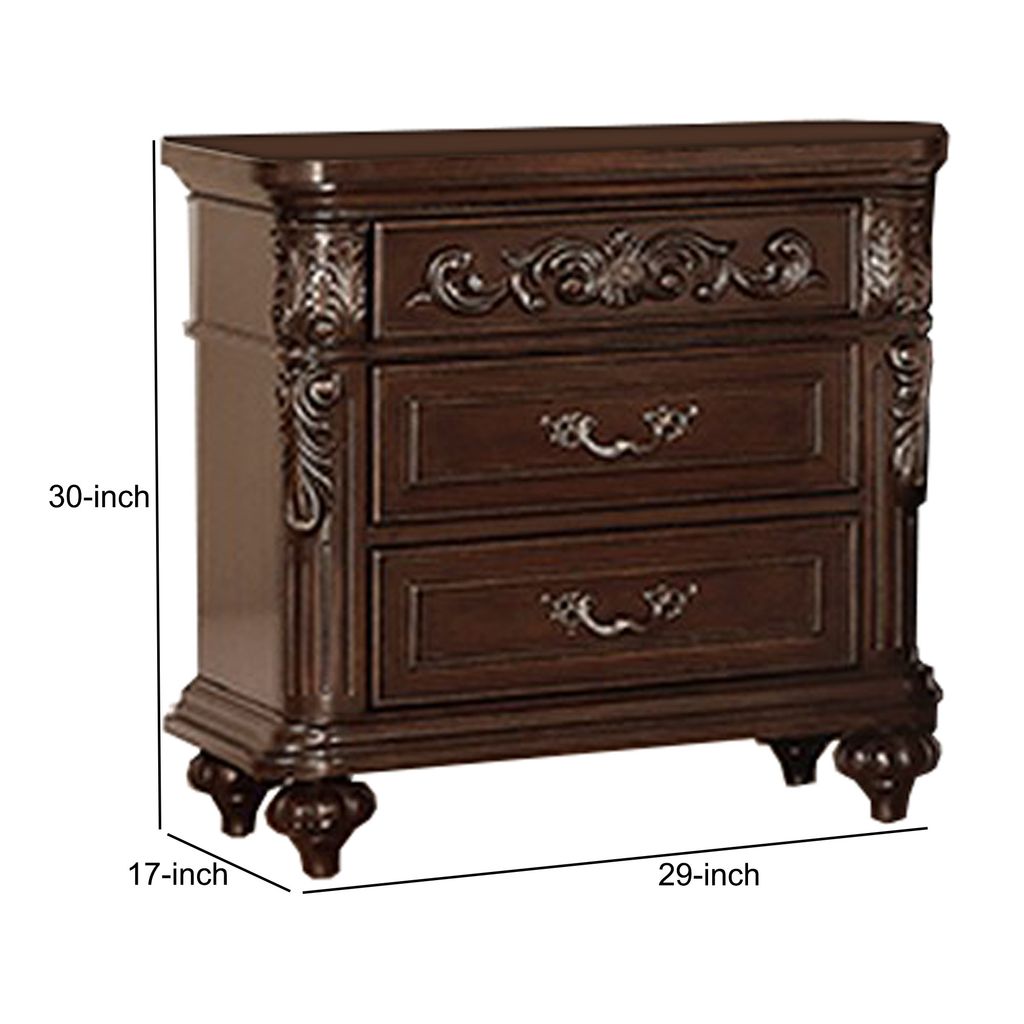 30 Inches 3 Drawer Engraved Wooden Nightstand, Brown - View 5