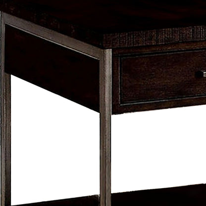 1 Drawer Wooden End Table with Metal Frame, Brown - View 2