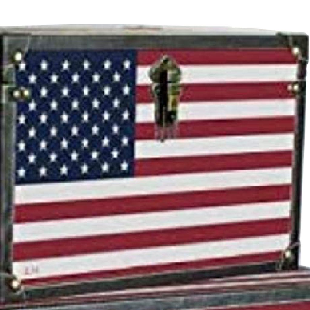 Wooden Trunks with US Flag Print and Metal Corner Accent, Set of 3, Multicolor - View 3