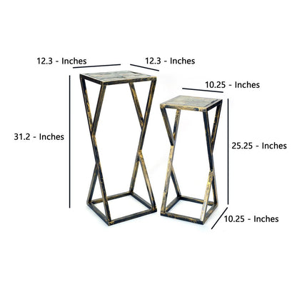 Stone Top Plant Stand with Geometric Base, Set of 2, Black and Gray - View 5