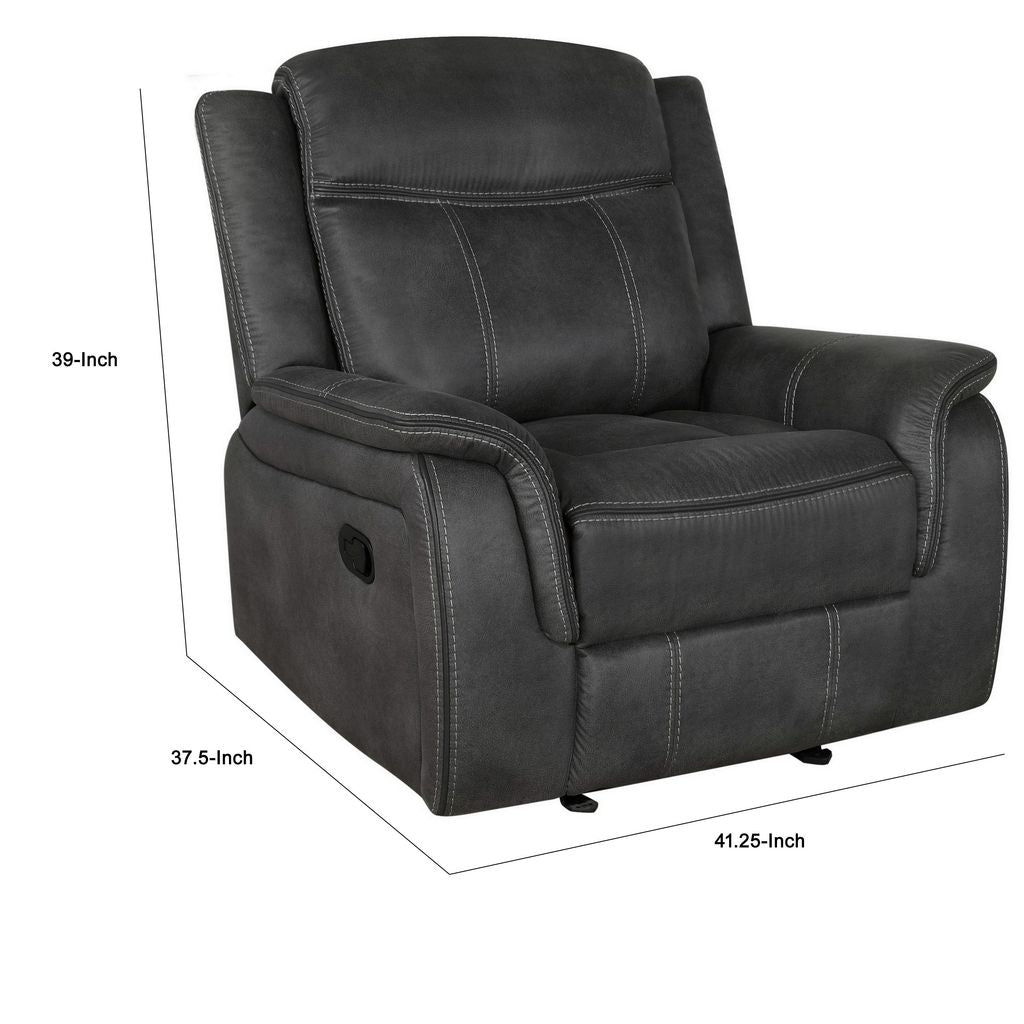 Lenard 41 Inch Manual Gliding Recliner, Piped Details, Charcoal Gray, Black - View 5