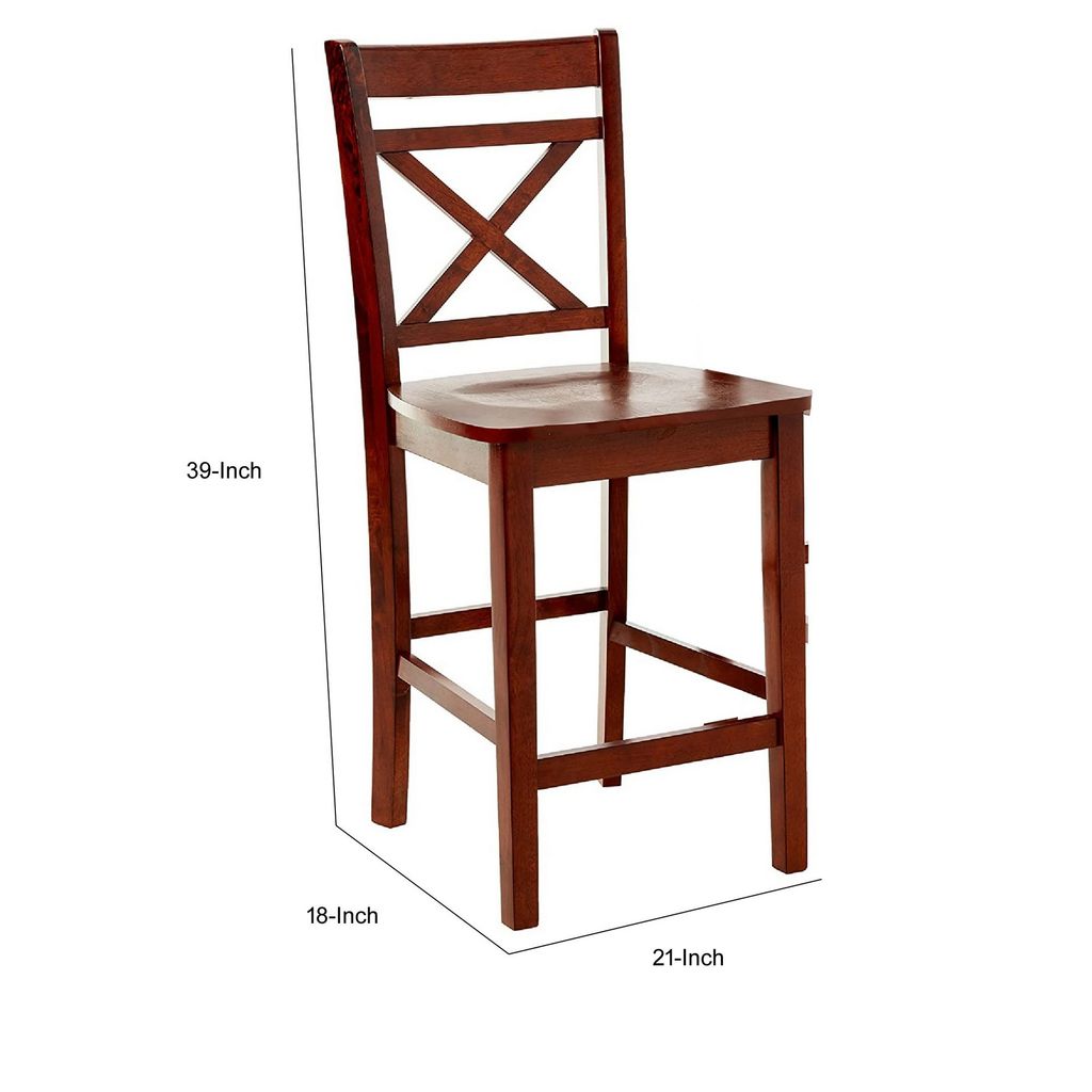 Wooden Counter Height Chair with Cross Back, Set of 2, Cherry Brown - View 6