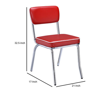 Dining Side Chair Set of 2, Retro Red Faux Leather, Chrome Metal Legs - View 6