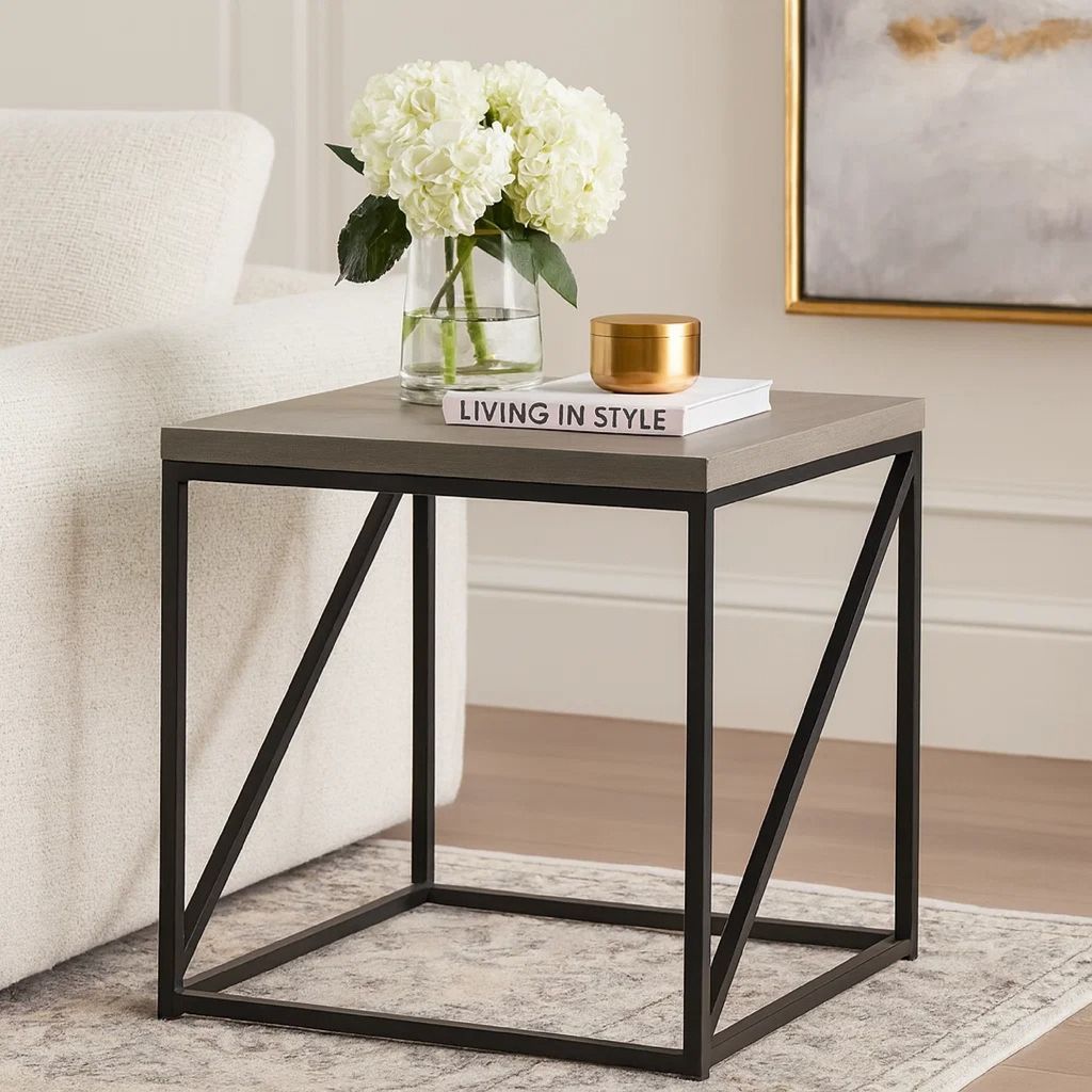Industrial Style Minimal End Table With Wooden Top And Metallic Base, Gray - View 7