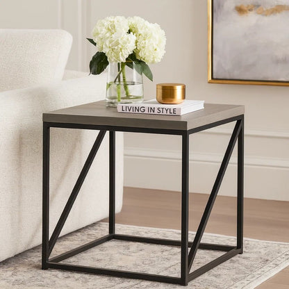 Industrial Style Minimal End Table With Wooden Top And Metallic Base, Gray - View 7