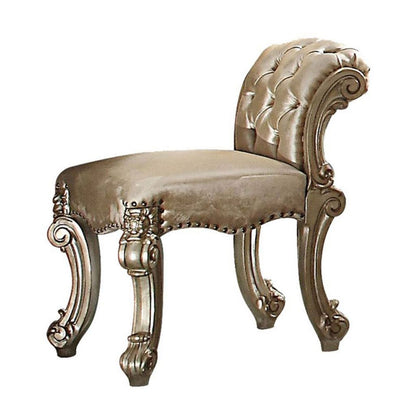 Fabric Upholstered Wooden Vanity Stool with Tufted Back, Gold & Bone White - View 3