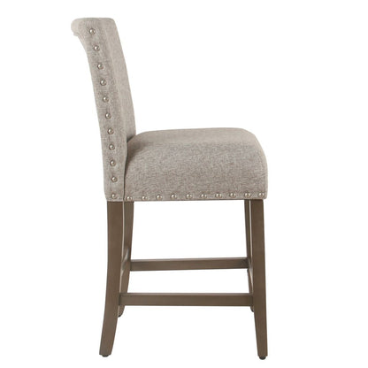 Fabric Upholstered Wooden Counter Stool with Striking Nail head Trims, Gray and Brown - View 5