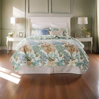 Wade 5 Piece King Quilt Set, Ocean Design, Scalloped Edges, Floral Pattern - View 7