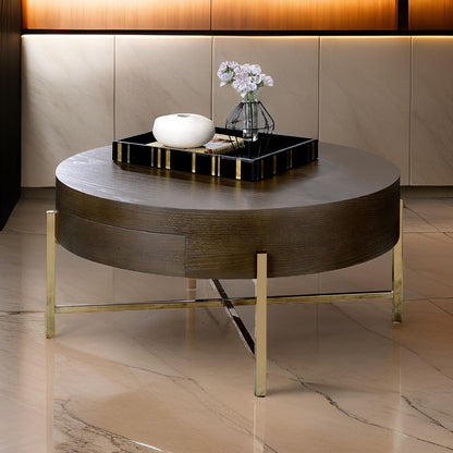 1 Drawer Round Modern Coffee Table with Crossed Metal Legs, Brown and Gold - View 7