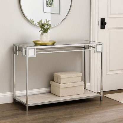 Mirror Top Metal Console Table with Wooden Open Bottom Shelf, Silver - View 7
