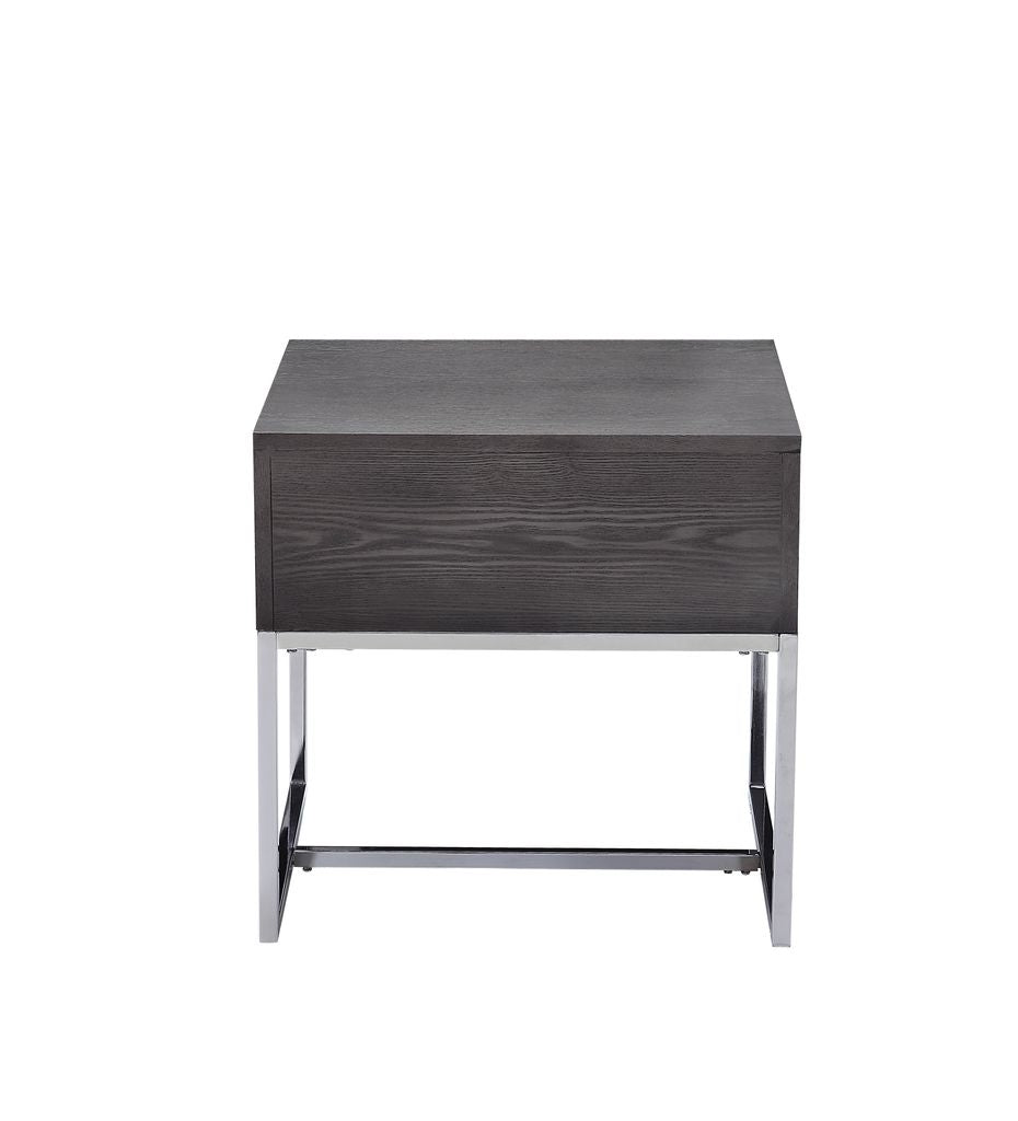 Wooden End Table with Tubular Metal Base and Spacious Drawer, Gray and Silver - View 3