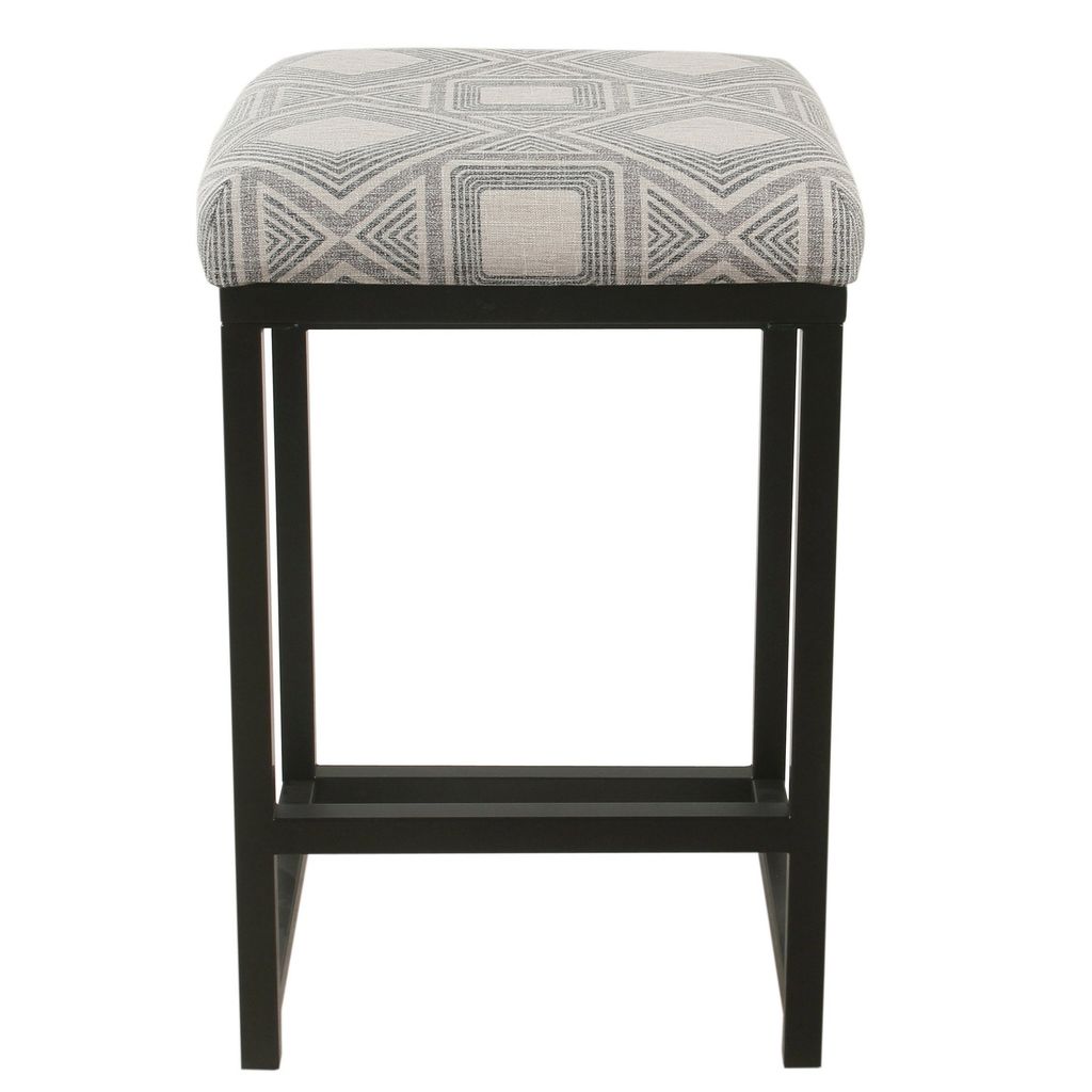 Metal Counter Stool with Geometric Pattern Fabric Upholstered Seat, Gray and Black - View 3