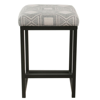 Metal Counter Stool with Geometric Pattern Fabric Upholstered Seat, Gray and Black - View 3