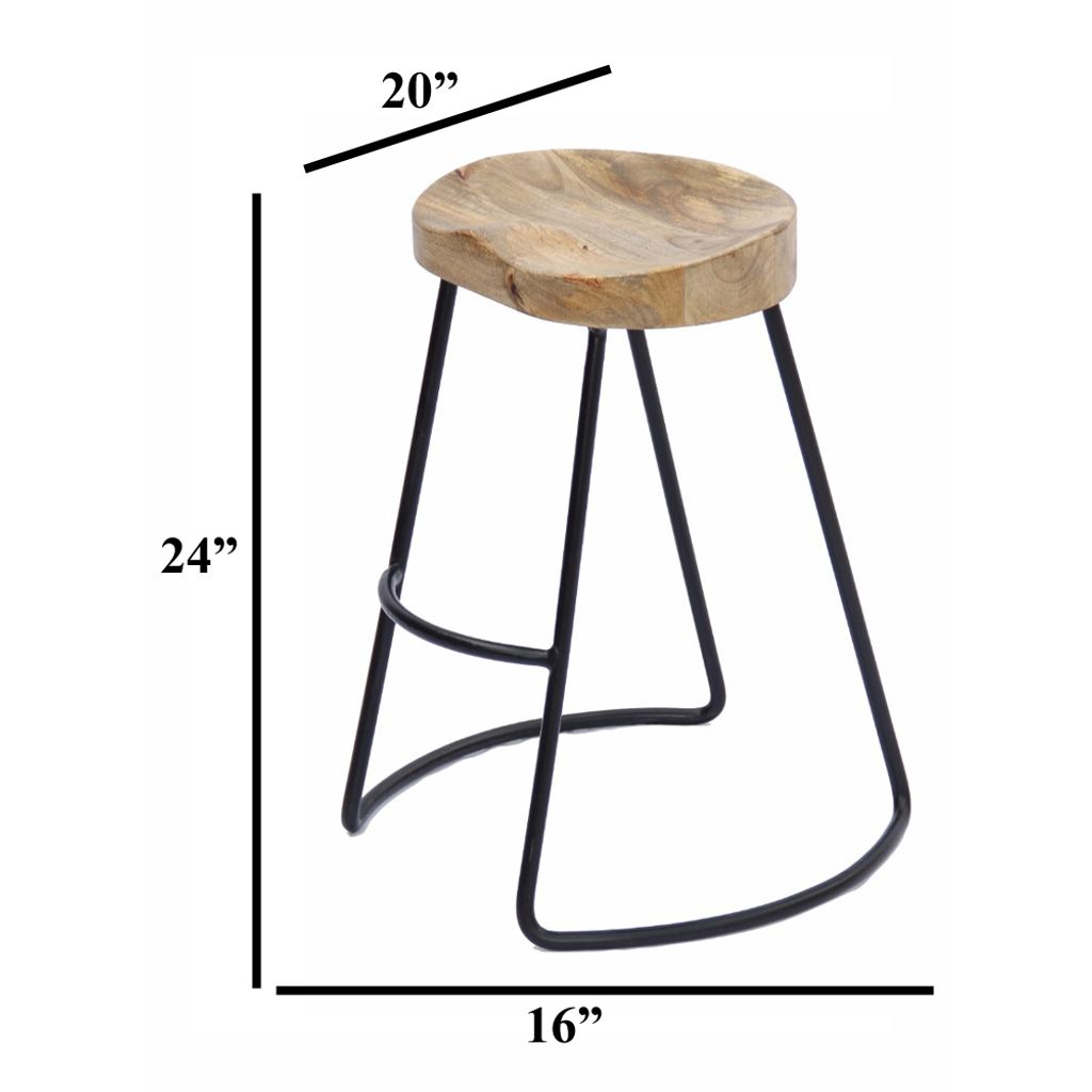Ela 24 Inch Counter Height Stool, Mango Wood Saddle Seat, Iron Frame, Brown and Black - View 5