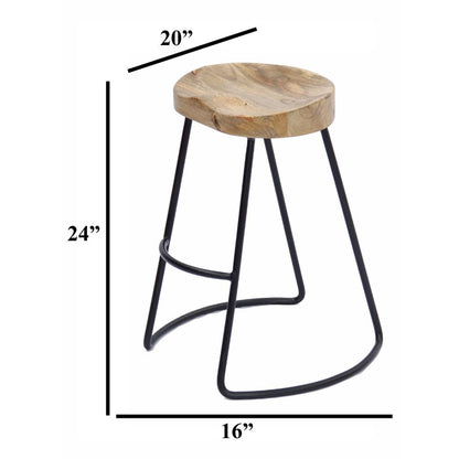 Ela 24 Inch Counter Height Stool, Mango Wood Saddle Seat, Iron Frame, Brown and Black - View 5