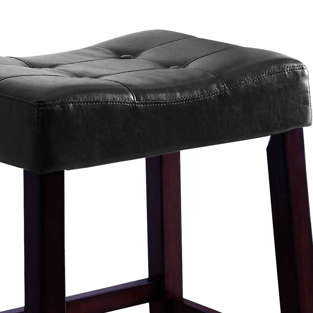 Wooden Stools with Saddle Seat and Button Tufts, Set of 2, Black and Brown - View 4