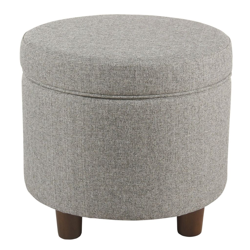 Fabric Upholstered Round Wooden Ottoman with Lift Off Lid Storage, Light Gray - View 3