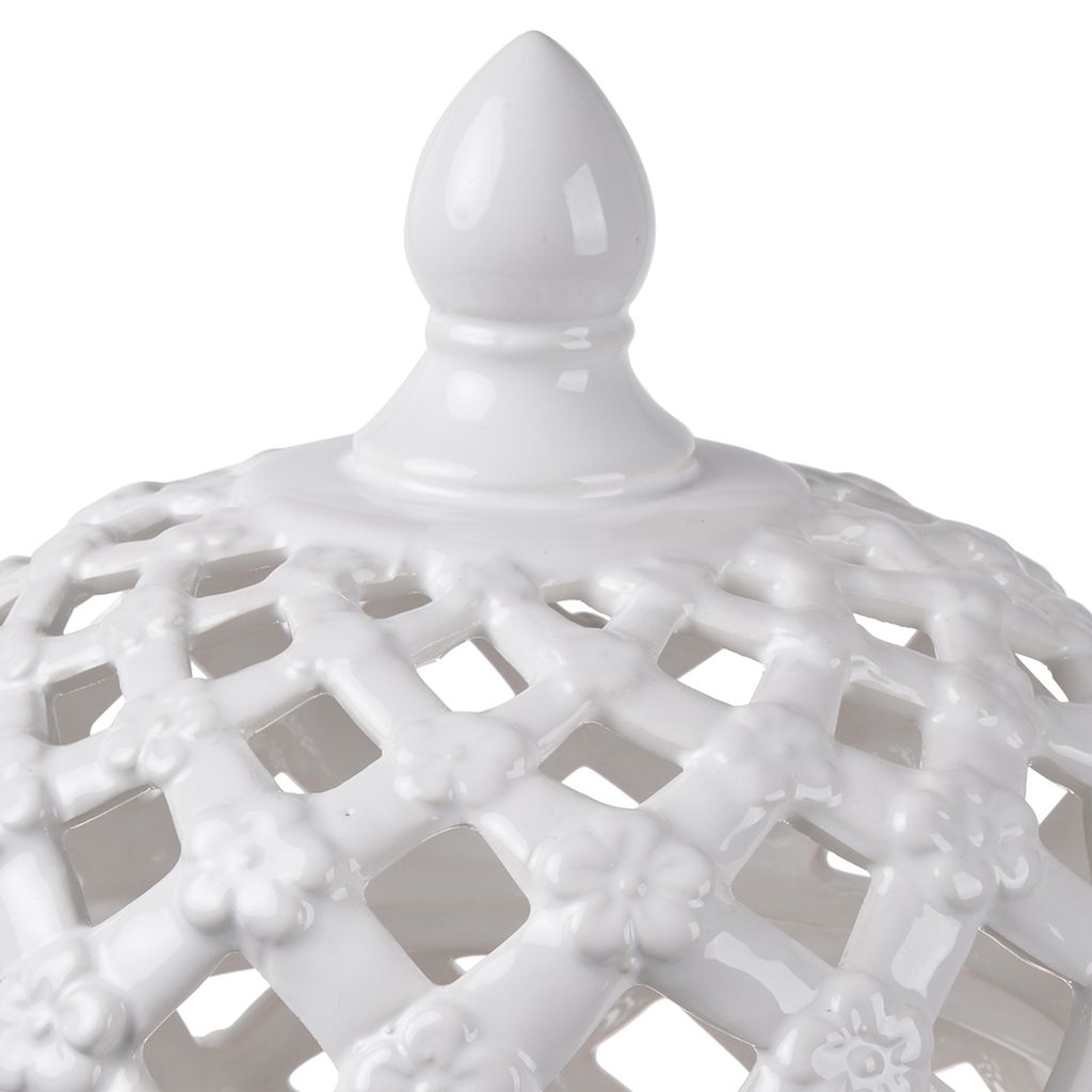 Decorative Ceramic Lidded Jar with Flower Motif Exterior, Small, White - View 3