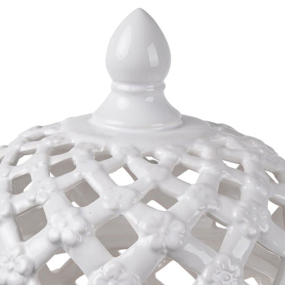 Decorative Ceramic Lidded Jar with Flower Motif Exterior, Small, White - View 3