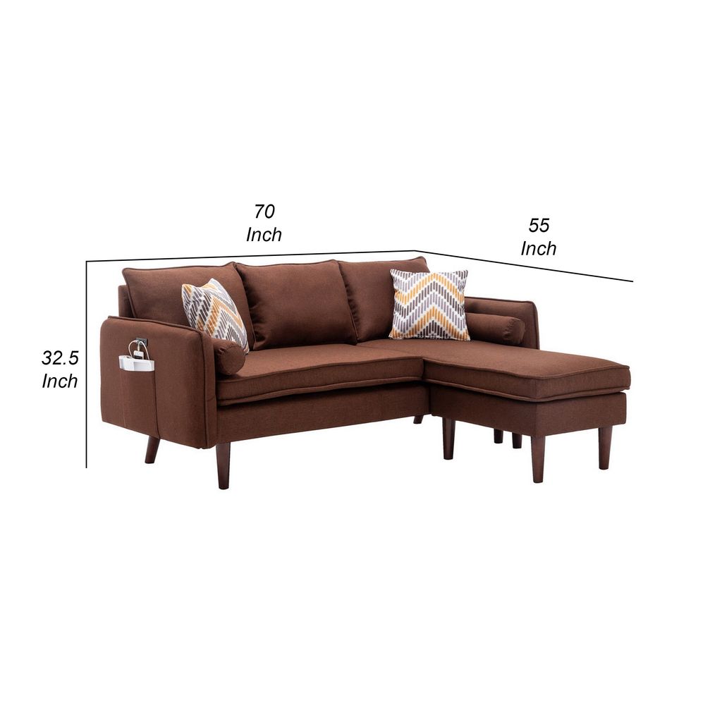 Ranon 70 Inch Sectional Chaise Sofa, Pillows, USB Ports, Side Pockets Brown - View 5