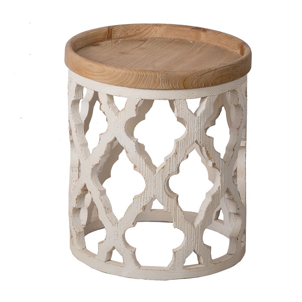 23 Inch Side Table, Vintage Wood Cutout Design, Round Top, Brown, Cream - View 3