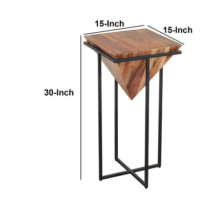 Ida 30 Inch Pyramid Shape Acacia Wood Side Table With Cross Iron Base, Brown and Black - View 5