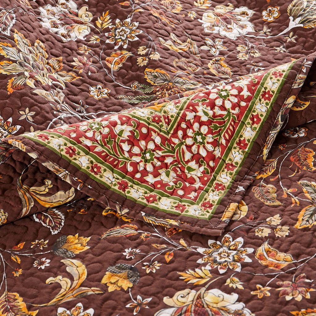 3 Piece King Quilt Set, Bohemian, Jacobean Floral Print, Brown, Orange - View 4