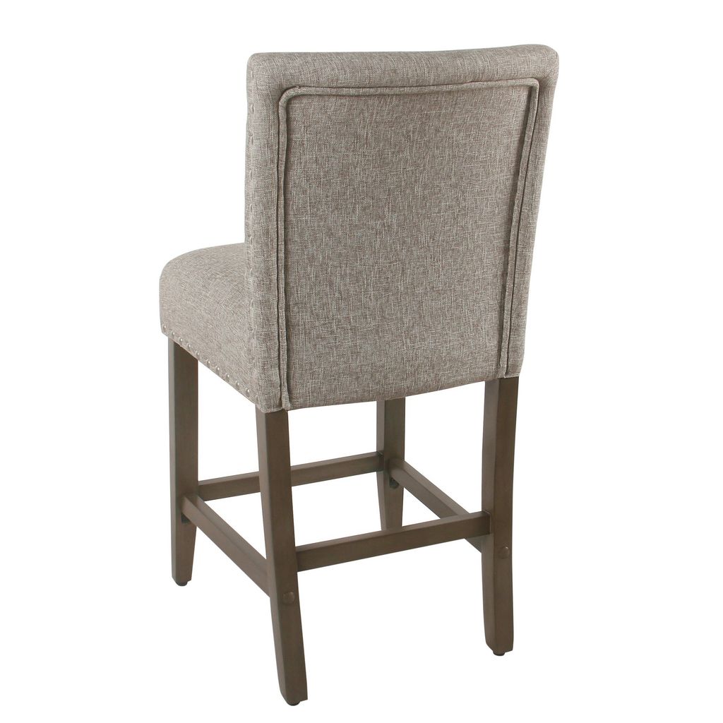 Fabric Upholstered Wooden Counter Stool with Striking Nail head Trims, Gray and Brown - View 4