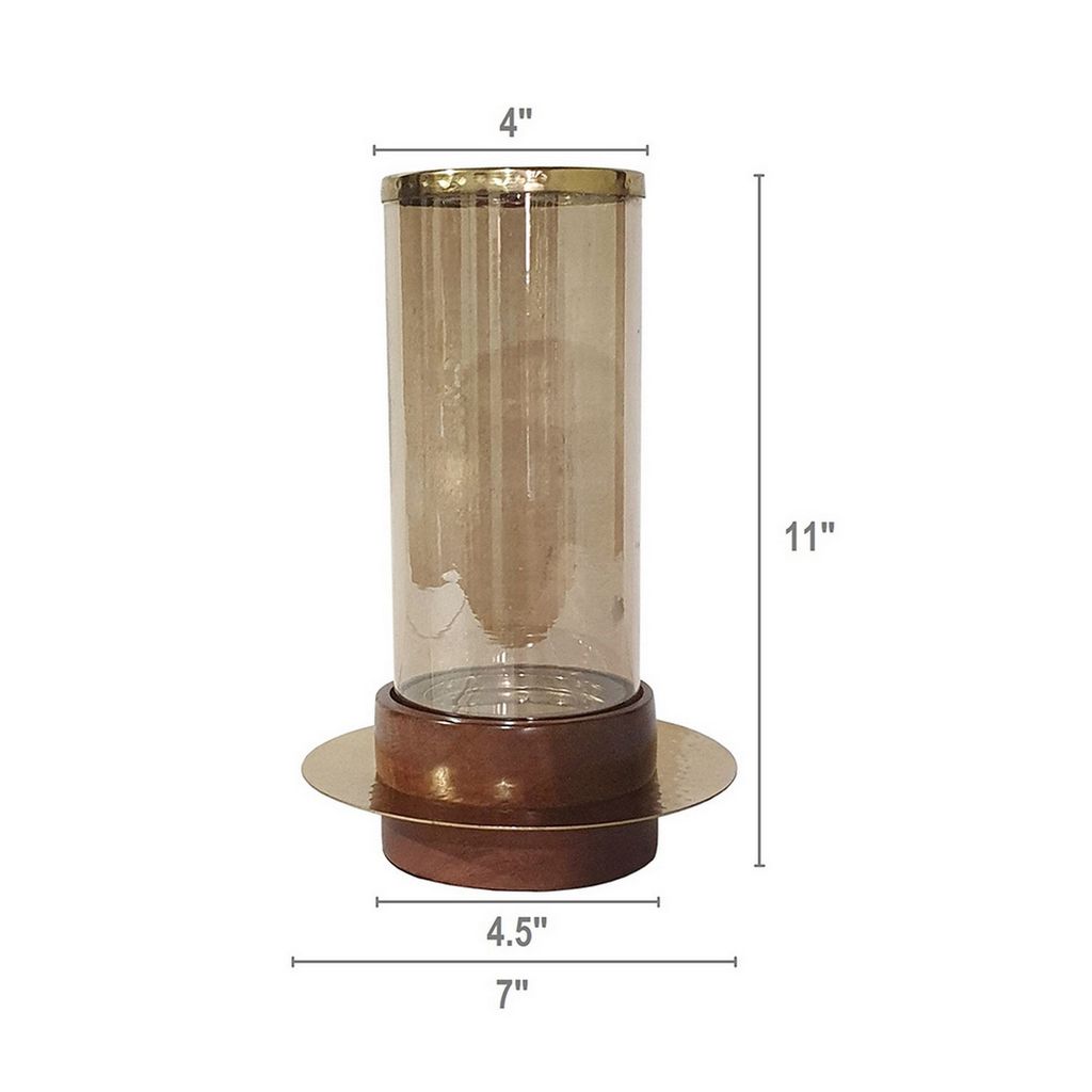 11 Inch Glass Hurricane Candle Holder, Acacia Wood, Small, Gold FInish - View 6
